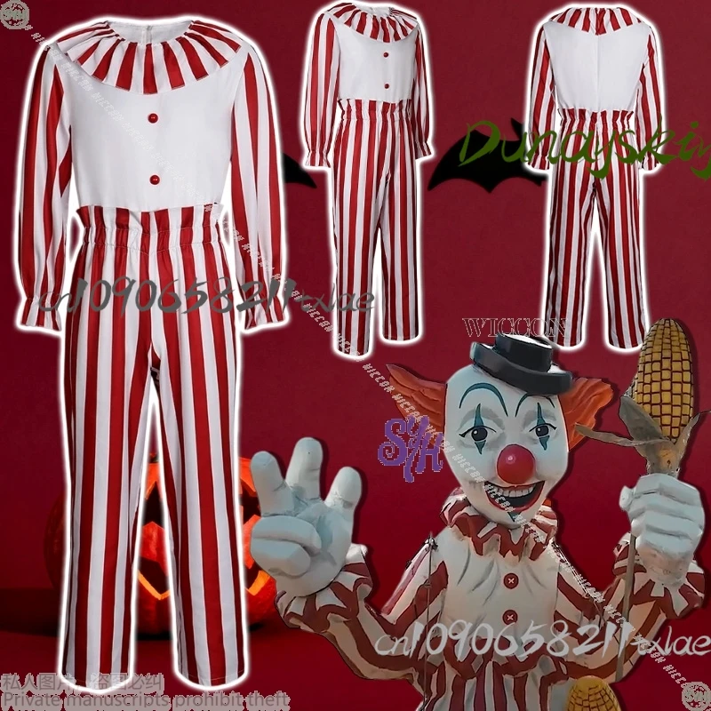 

2025 Halloween Party Event Cosplay New Anime Movie Horror Clown Uniform Red White Striped Jumpsuit Horrible Goth Cartoon Cos