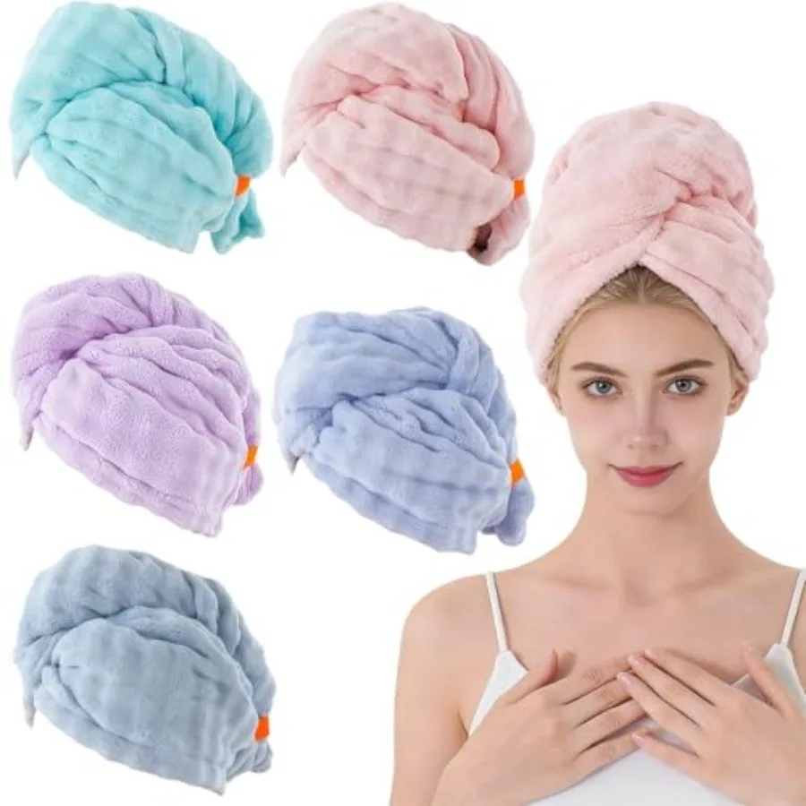 

5PCS Microfiber Hair Towel Wrap, Super Absorbent Quick Dry Hair Towel with Elastic Strap for Women Long, Curly, Thick Hair Turb