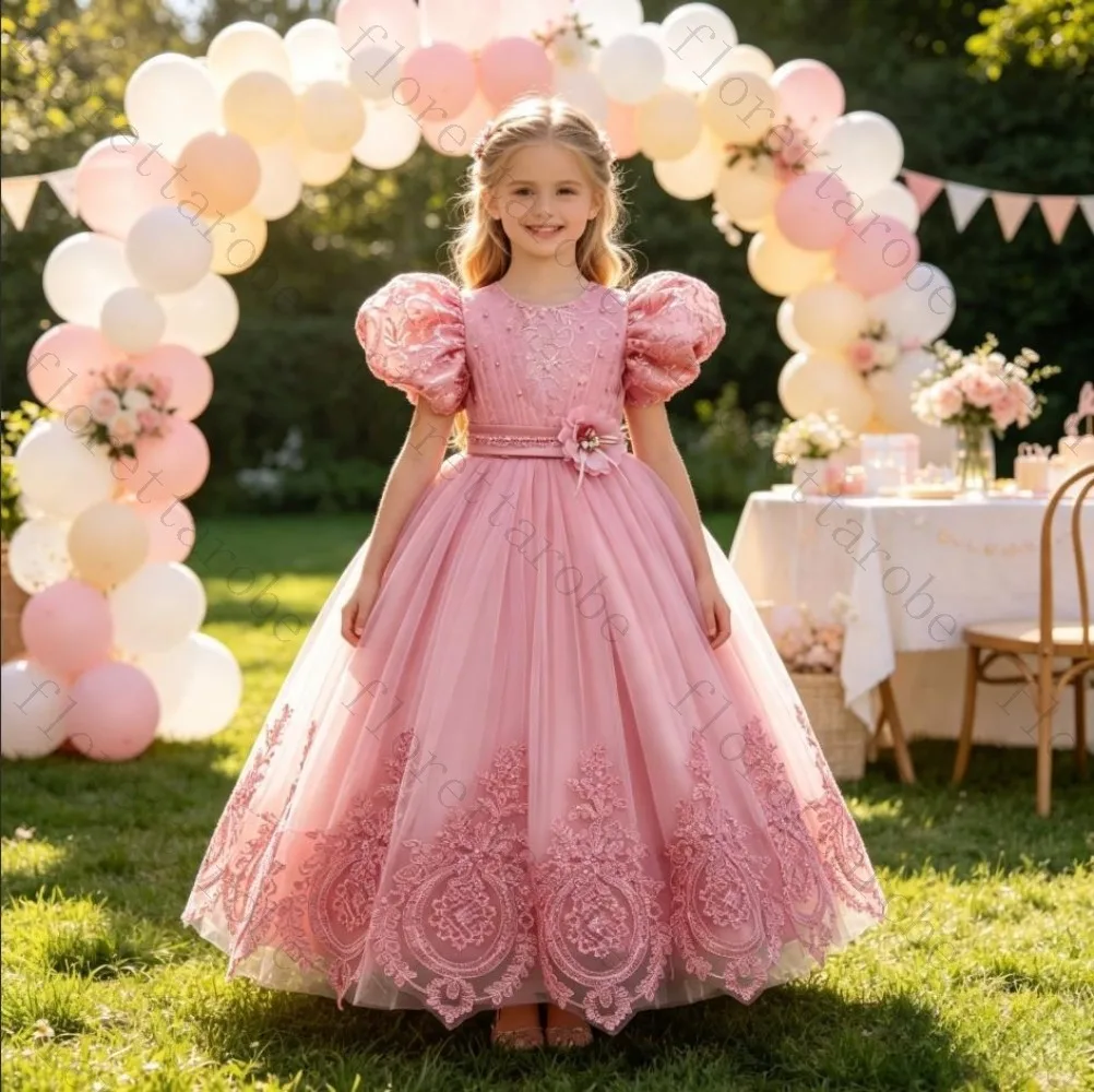 Customized Elegant Flower Girl Dress for Wedding Evening Dress Embroidered Bow Beads First Christmas Party Lace Prom Gonw