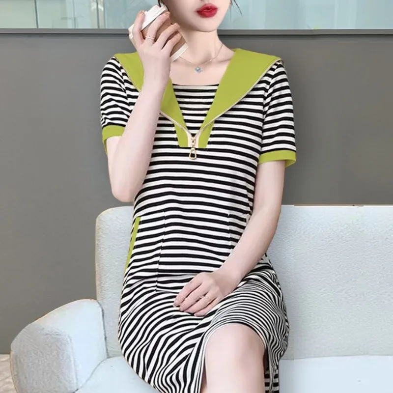 Summer Women's Clothing Turn-down Collar Pullover Short Sleeve Striped Casual Loose Zipper Contrast Color Knee Skirts Dresses