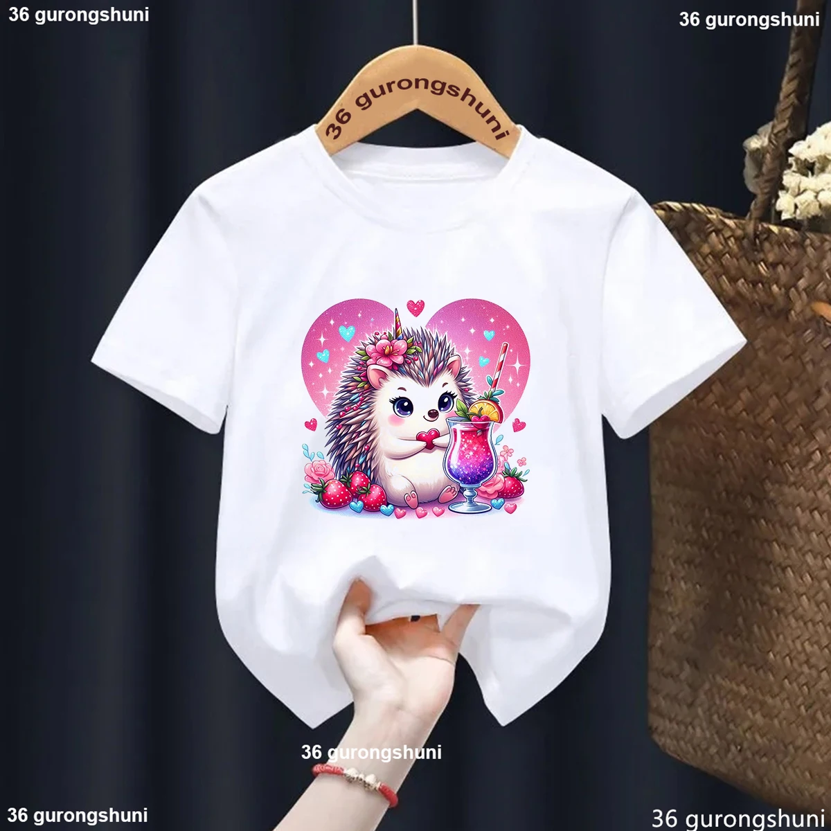 Hedgehog Loves Ice Cream Printed Tshirt Girls Butterfly Strawberry Kawaii Kids Clothes Harajuku Shirt Summer Short Sleeve Tops