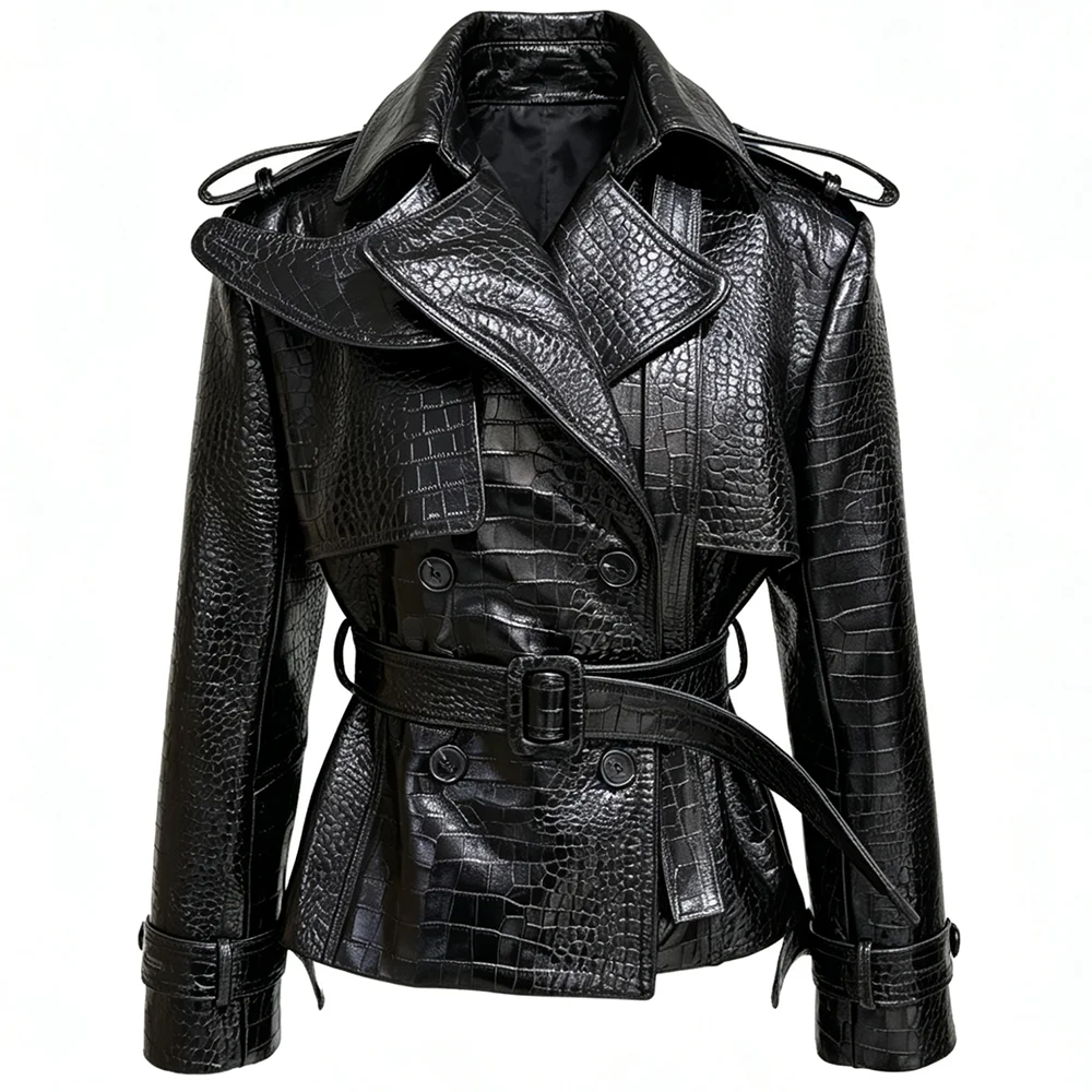 YOLOAgain High Quality Suede Leather Jacket Women With Belt Double Breasted Croc Pattern Jacket Female