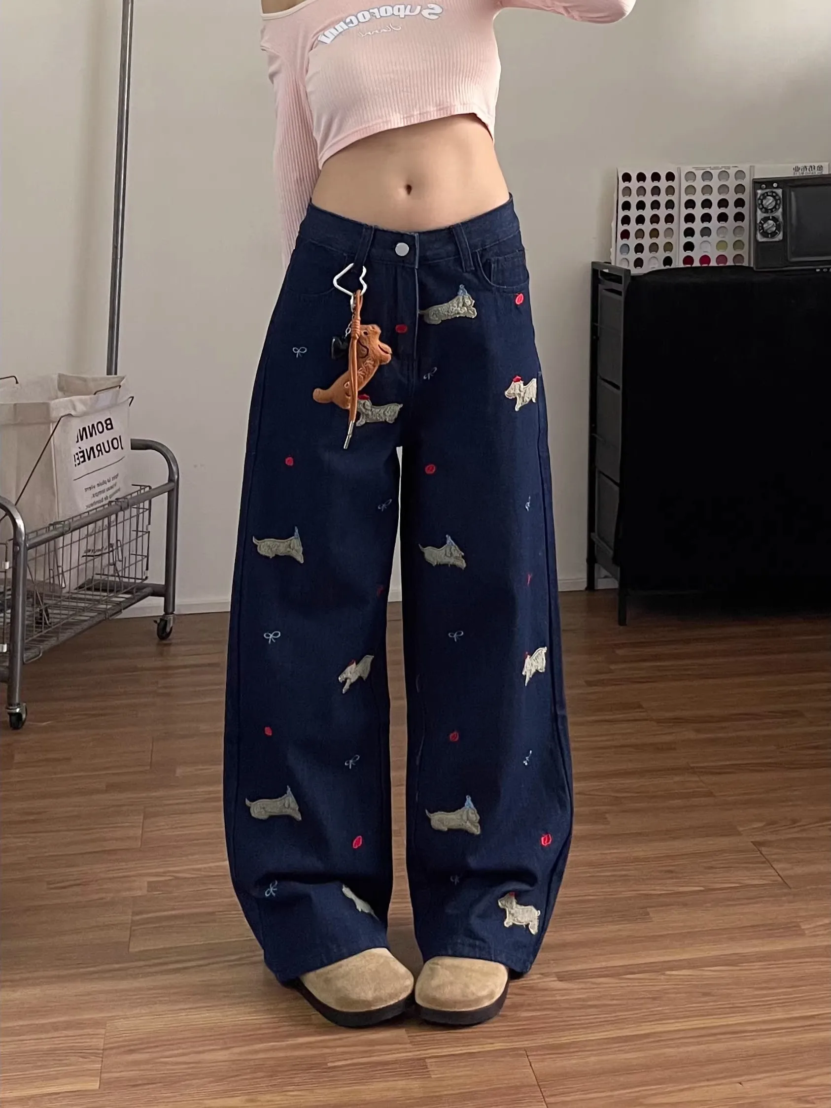 

American Style Sausage Dog Patchwork Embroidered Wide Leg Jeans High Waist Denim Pants for Women Winter Wear Durable Ladies T...