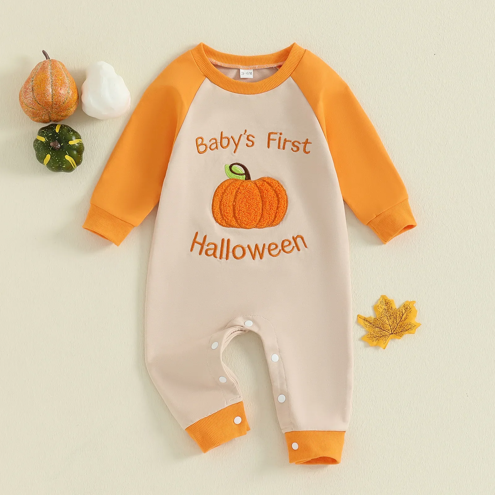 

Halloween Baby Newborn Items Cotton Romper 0-18M Baby Girl Boys Color Block Onesie with Embroidered Pumpkin Jumpsuit for Kids