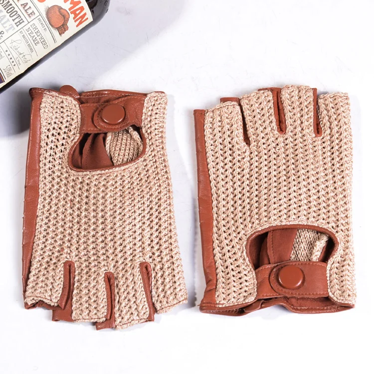 Men's Genuine Leather Unlined Retro Snap-fastener Fingerless Semi-finger Tactical Driving Riding Punk Rock Short Gloves Mitts