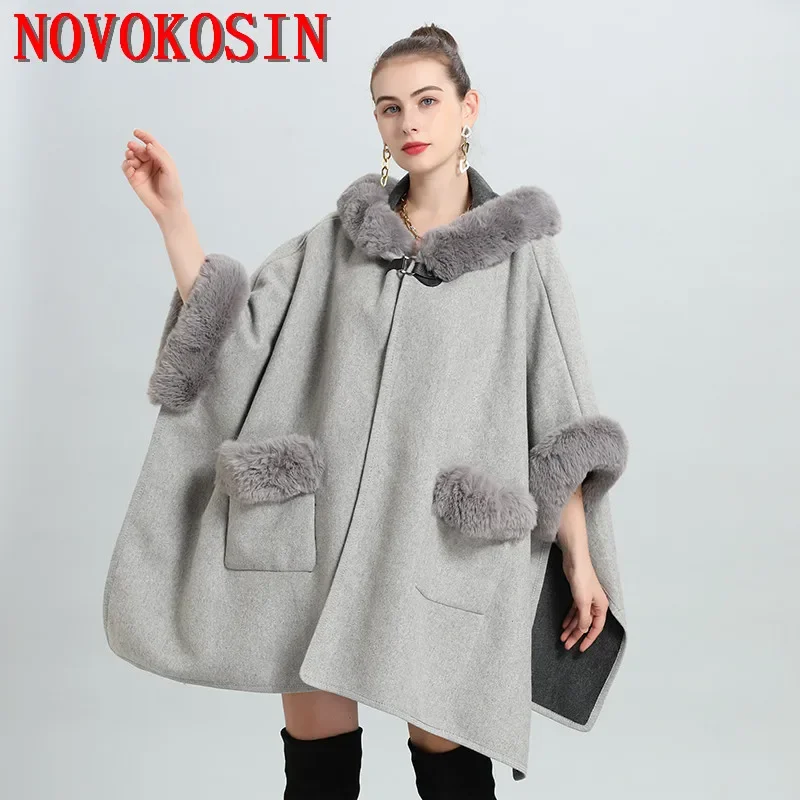 2024 Fashion Women Long Cardigan Streetwear Cloak With Hat Faux Fur Pocket Loose Poncho Coat Winter Thick Horn Buckle Capes