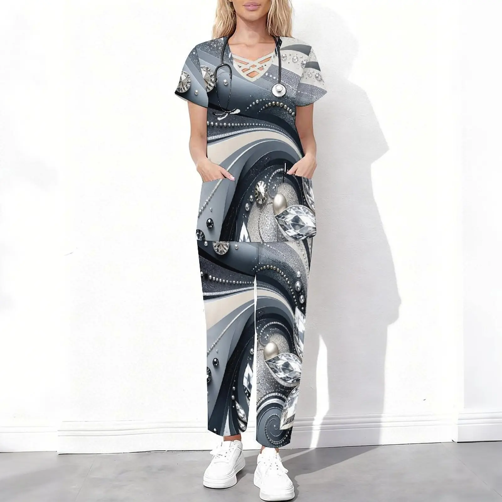 Women Gray Toned Abstract Swirl Diamond Pearl Print Cutout Neck Short Sleeve Scrub Set Pocket Top Long Pants Two Piece