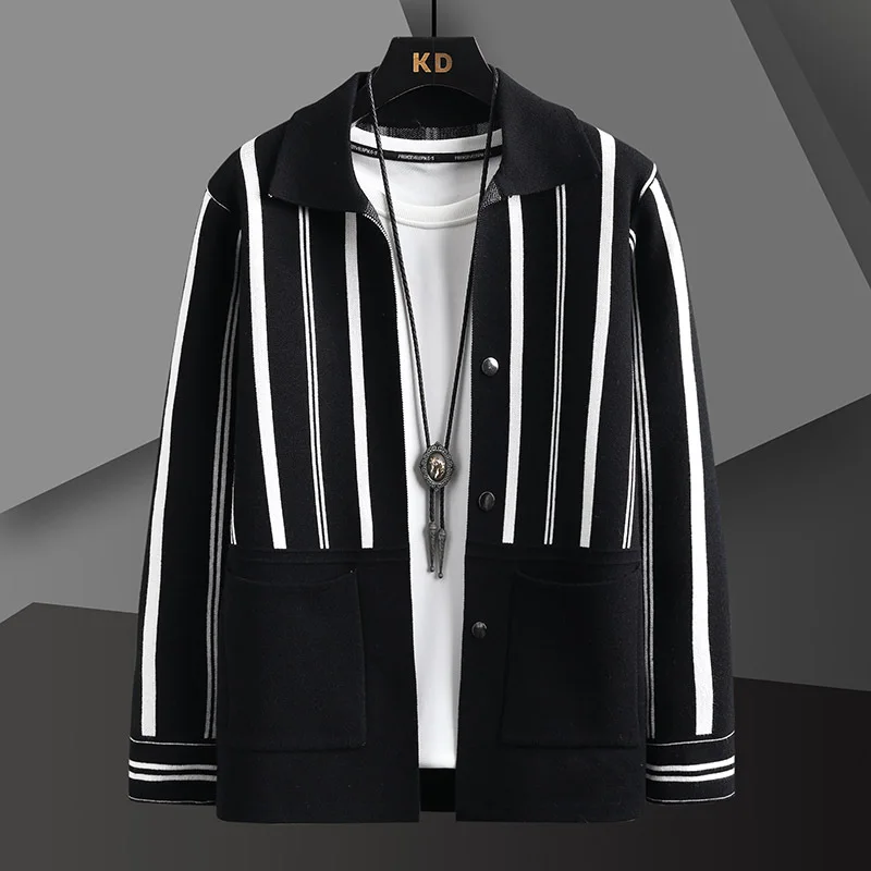 England Style Lapel Men Cardigan Fashion Brand Autumn Winter Designer Cardigan Plus Size Striped Spliced Cardigan Knit Jacket