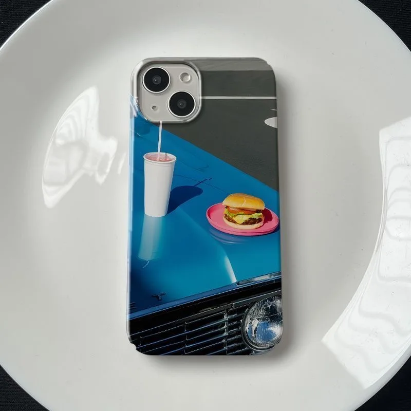 Funda para Teléfono con Diseño Realista de Coche Clásico Azul Retro, Hamburguesa y Refresco, para iPhone 17 Air 16 15 14 11 12 13 Pro Max Plus