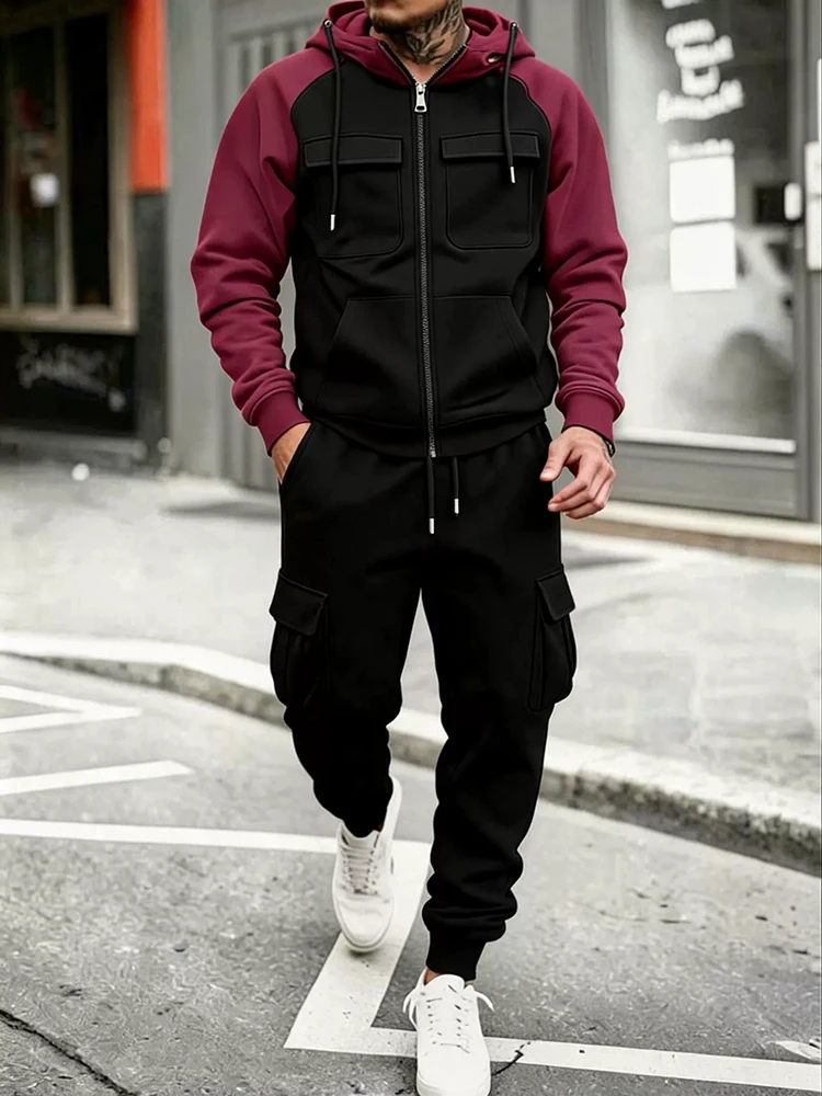 Vintage Zip Up Hooded Two Piece Set Fashion Contrast Color Cargo Pocket Long Sleeve Top And Trousers Autumn Winter Tracksuit Men
