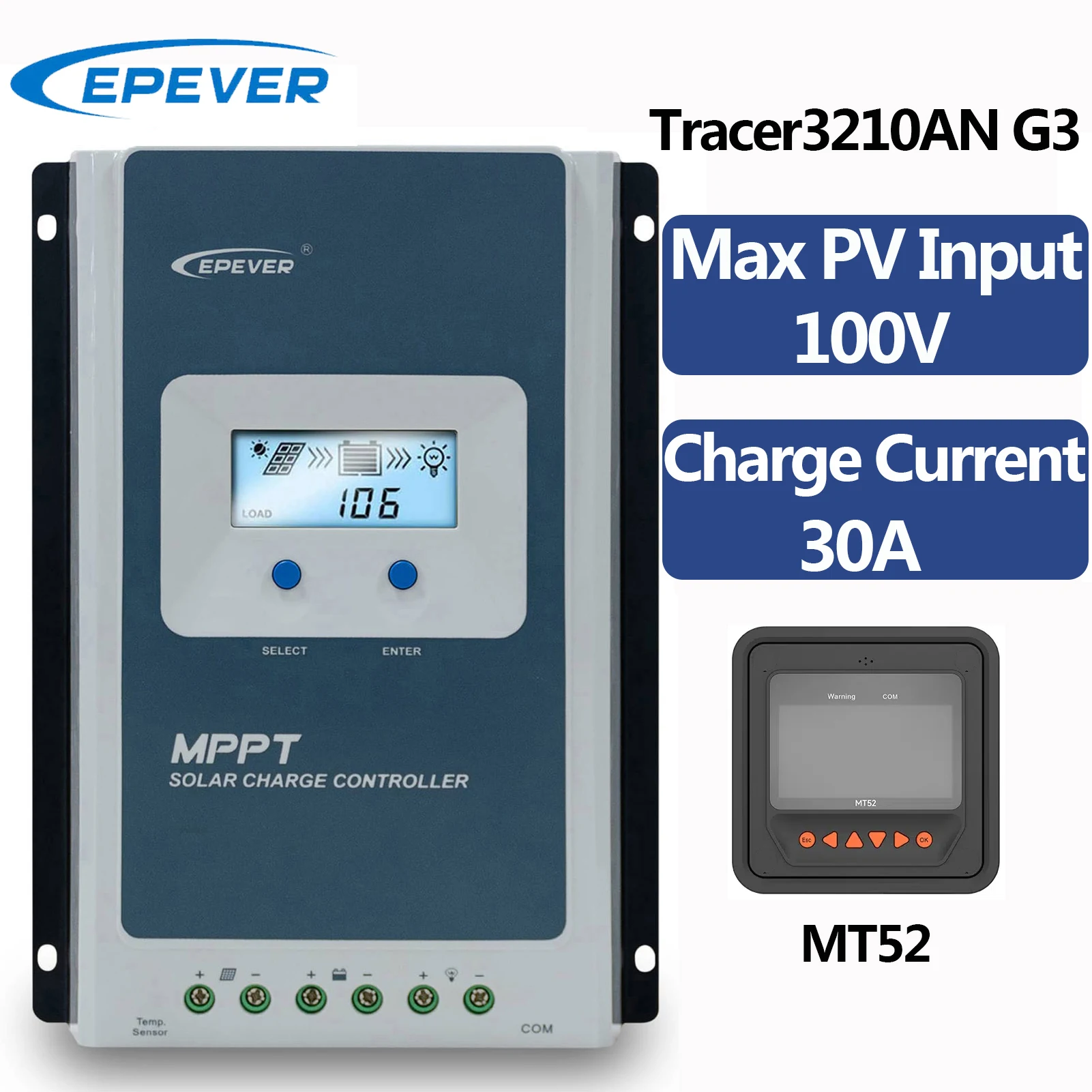 

EPEVER New Upgrade 30A MPPT Solar Charge Controller Battery Voltage 12V 24V Auto Identify Max PV Input 100V