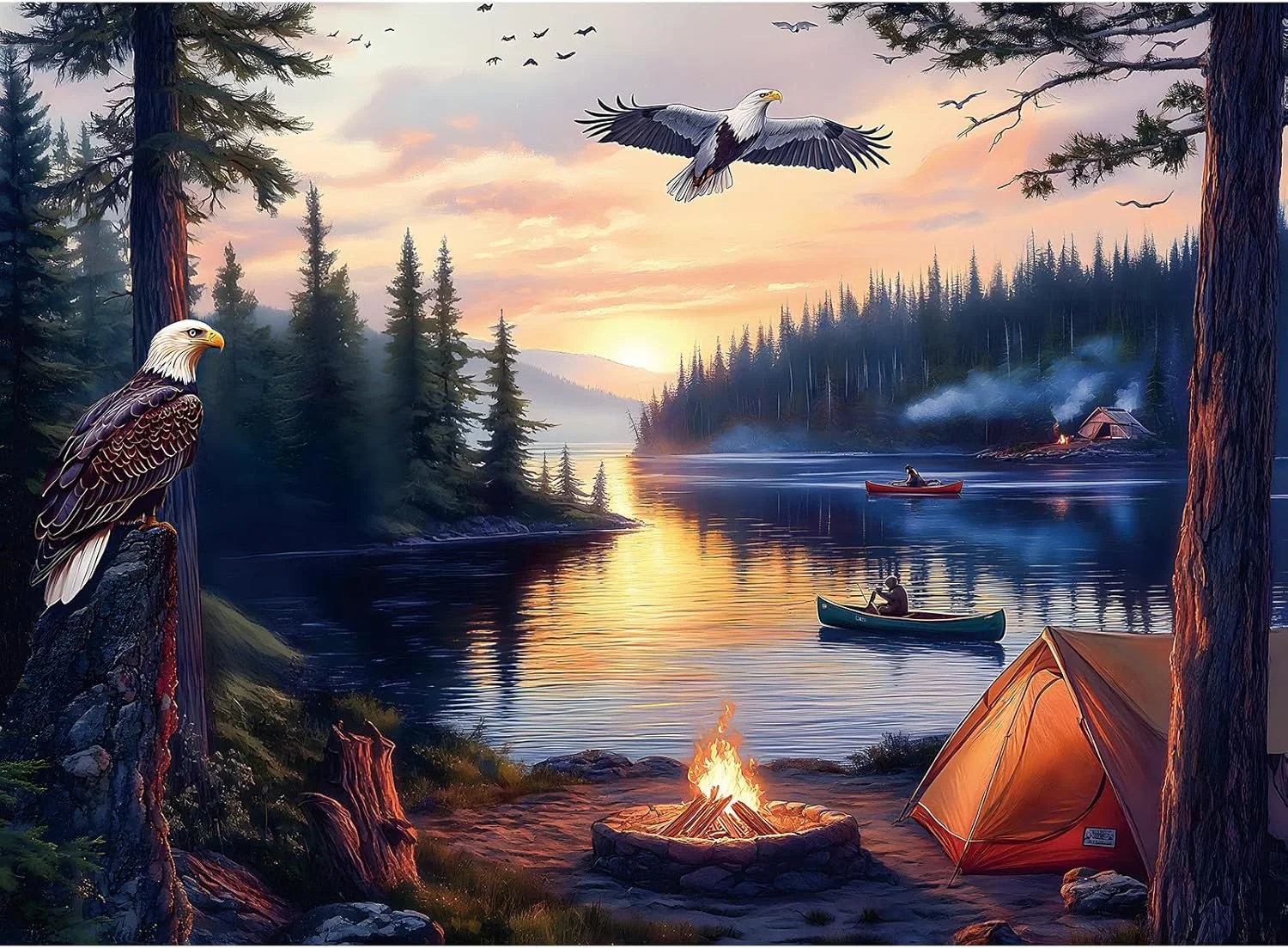 

Bald Eagle Forest Lakeside Camping 120 300 500 Piece Wooden Jigsaw Puzzle for Cabin Decor Outdoor Holiday Quiet Time Puzzle Gift