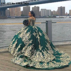 EVLAST Customized Green Quinceanera Dress Ball Gown Gold Lace Applique Beading Tiered Mexican Sweet 16 Vestidos De 15 Anos SQ492