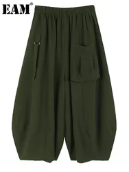 [EAM] High Elastic Waist Green Buckle Casual Pocket Long Wide Leg Pants New Trousers Women Fashion Spring Autumn 2024 1DH5454