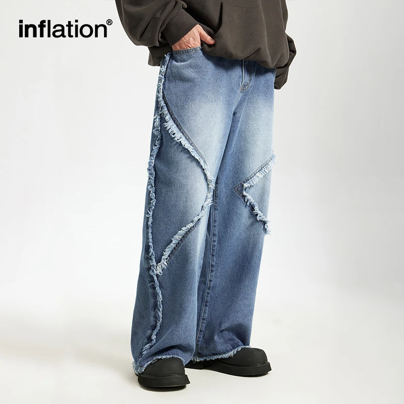 

INFLATION Frayed Acid Wash Pants Distressed Vintage Denim with Streetwear Edge High Waist Jeans for Men