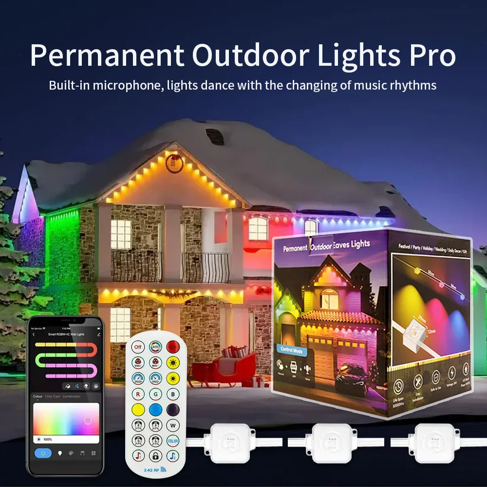 Luci permanenti per esterni, illuminazione per esterni RGBIC intelligente, strisce luminose impermeabili, con telecomando e controllo tramite app mobile