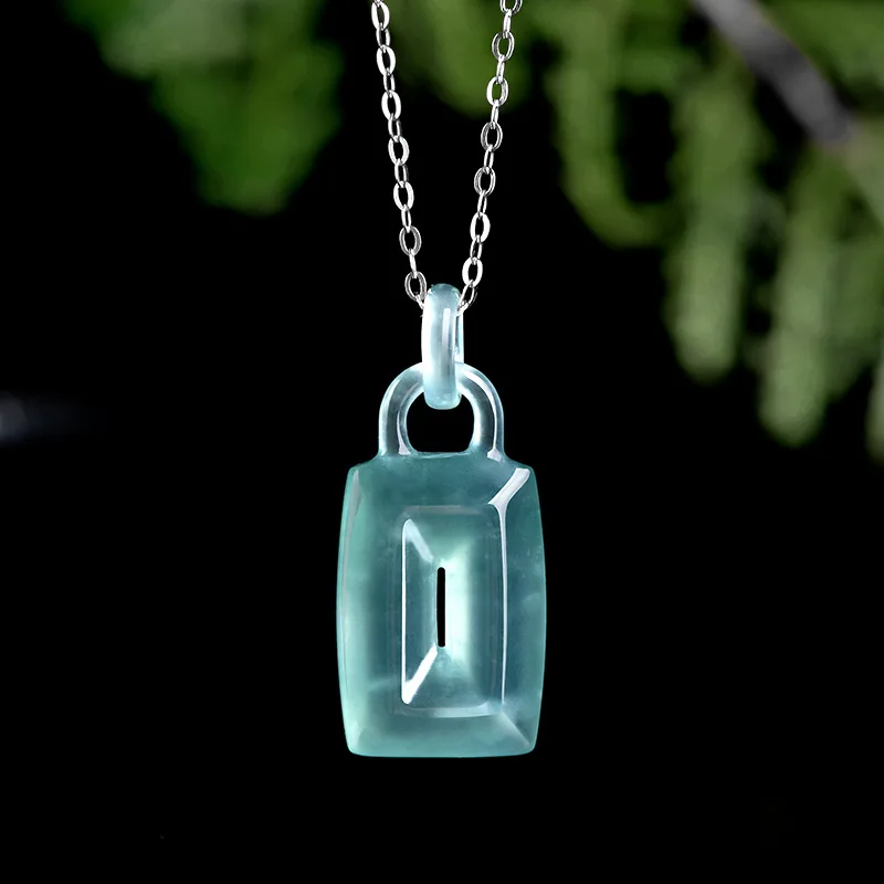 

Luxury A Jadeite Blue Water Hollow Lock Pendant S925 Silver Ice Jade Women's Jewelry Gift