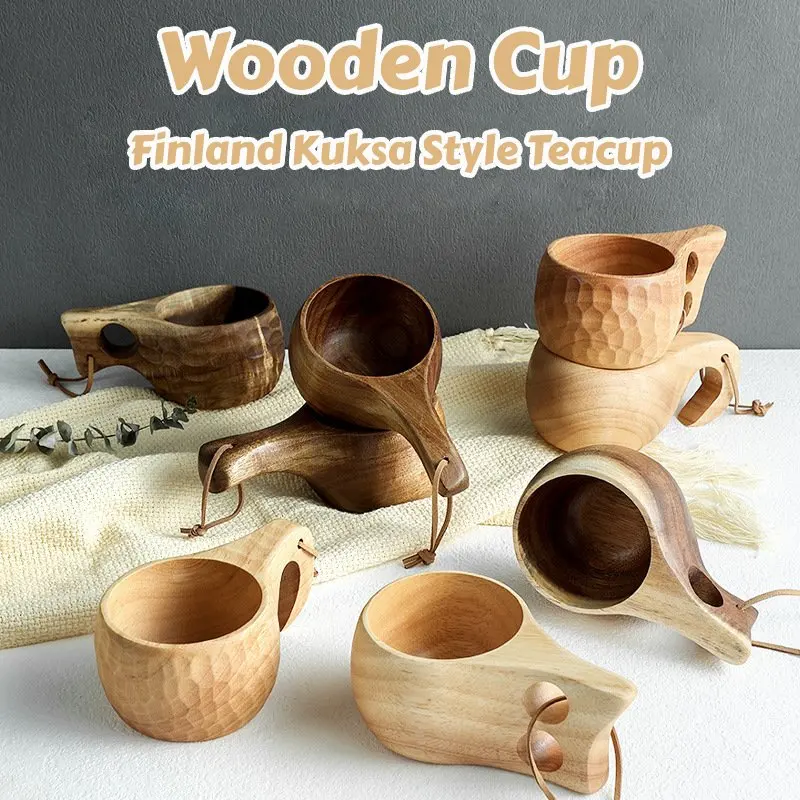 Finland Kuksa Portable Wooden Coffee Mugs With Handgrip Handmade Milk Tea Cup Drinkware for Outdoor/Cafe/Homestay/Music Bar