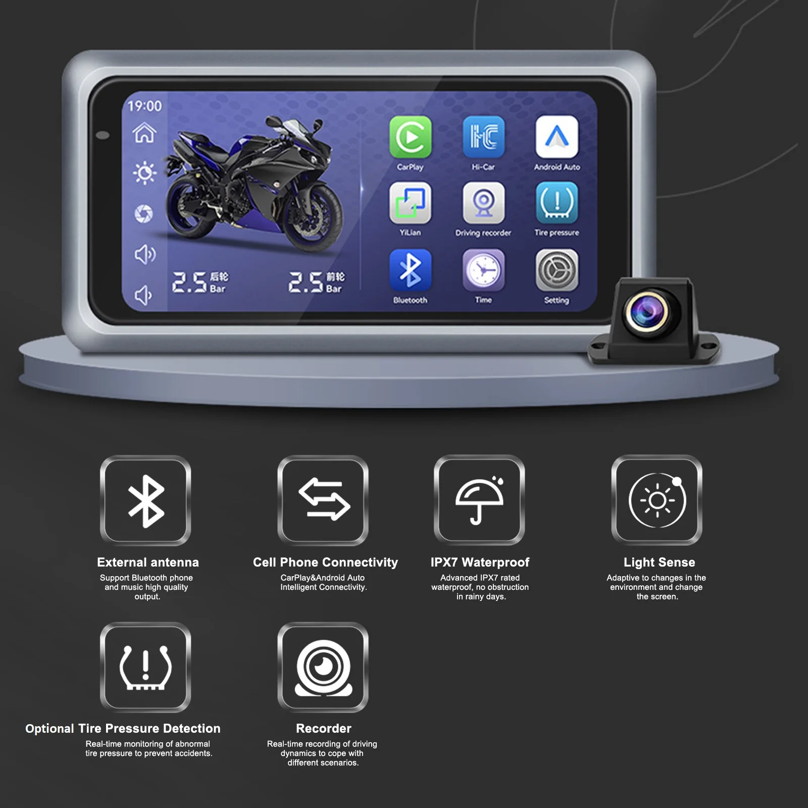 6.25 Inch Motorcycle Wireless CarPlay Android Auto IPX7 Waterproof Outdoor 1000nit External Portable Motorcycle Screen