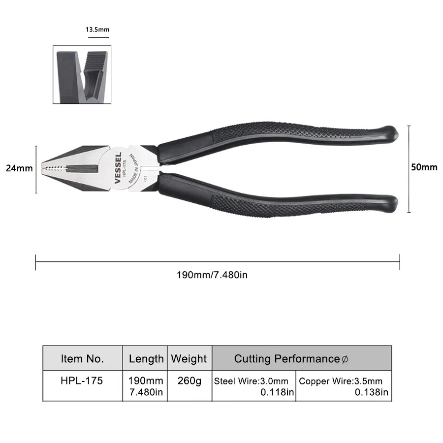 VESSEL Electrical Wire Cutter Pliers Flat-Nose Pliers Strong Steel Wire Pliers 6-Inch 7-Inch 8-Inch HPL-150 HPL-175 HPL-200