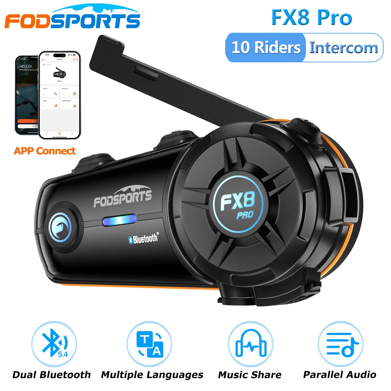 Fodsports-Oreillette Bluetooth FX8 Pro pour moto, appareil de communication pour casque, pour 8 motocyclistes, portée 1000m, interphone, partage de musique, audio, Assad FM