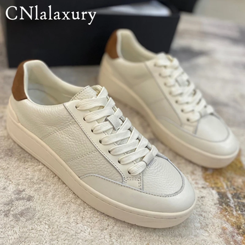 Cnlalaxury England Style Fashion White Shoes Women Color Shoes Women Contrast Genuine Leather Comfortable Casual Sneakers