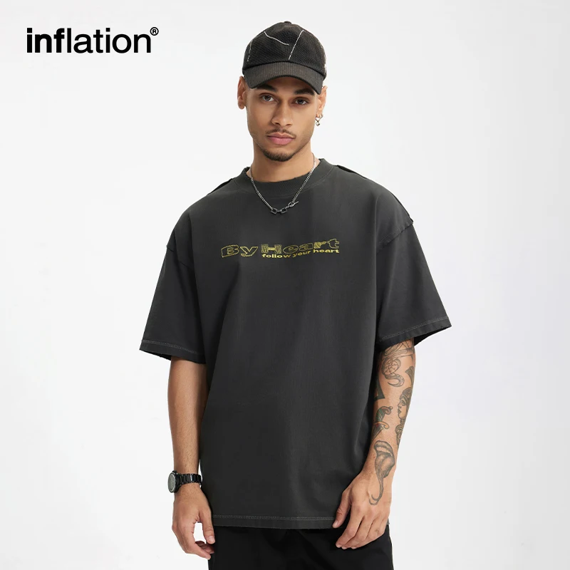 INFLATION 260G Washed Embroidered T-Shirt American Vintage Heavyweight Casual Cotton Short Sleeve for Men