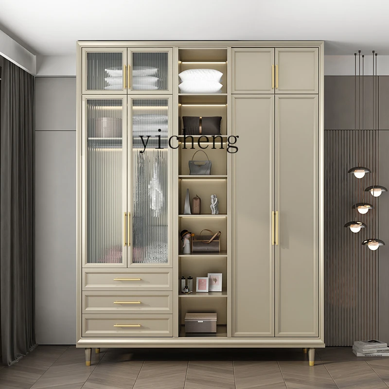 

FY solid wood wardrobe large wardrobe locker American light luxury sliding glass door storage cabinet