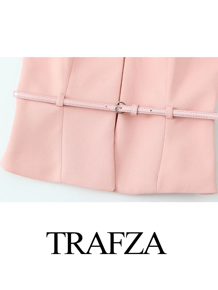 TRAFZA Women 2 Piece Set Summer Pink V-Neck Sleeveless Belt Decoration Slim Vest Top+High Waist Pockets Side Zipper Slim Shorts