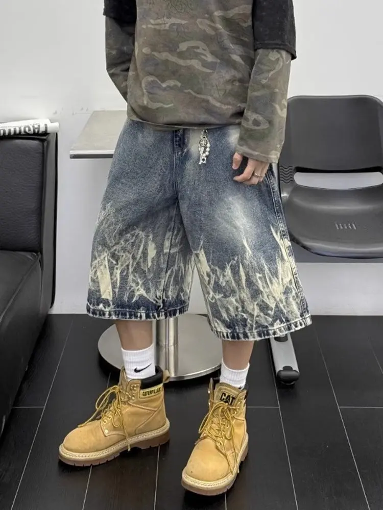 

Американские джинсы с рисунком молнии в стиле ретро, повседневные брюки с высокой талией и широкими штанинами для мужчин и женщин, свободный крой на семь футов...