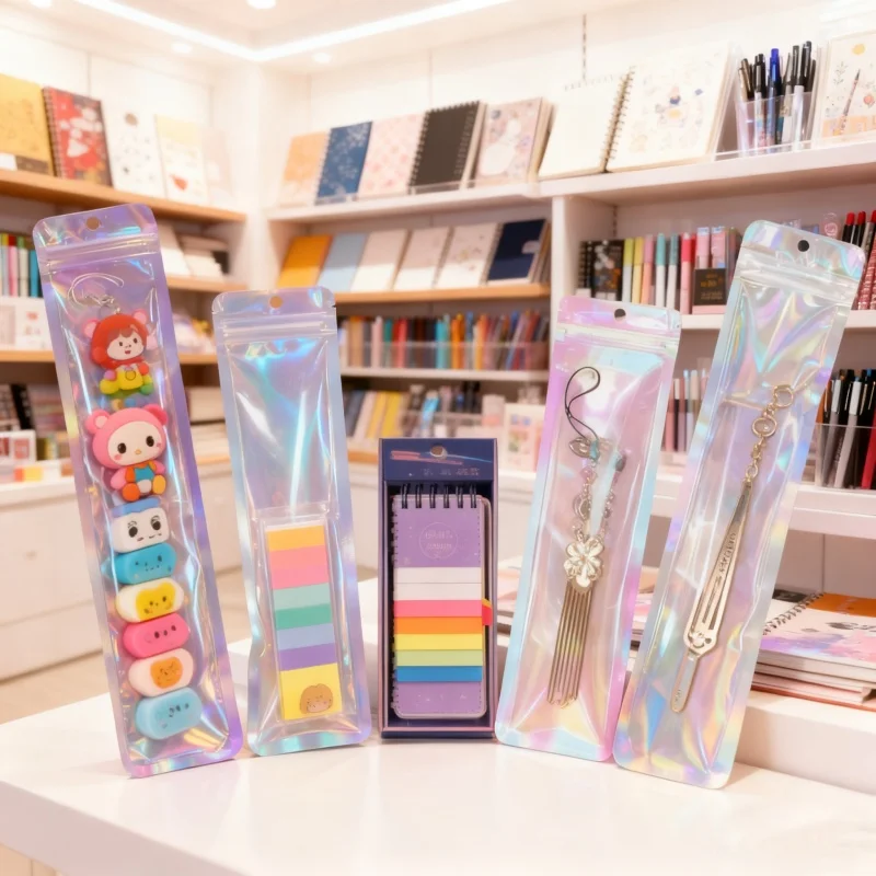 

Flat Holographic Iridescent Ziplock Hanging Packaging Bag DIY Pen Data Cable Necklace Jewelry Watch Long Strip Sealed Pouches