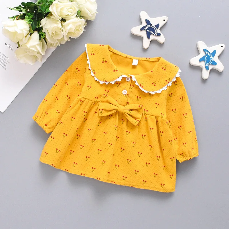 Spring and Autumn Girl Long sleeved Top Children\'s Cherry Print Lace Doll Neck Clothes Girl Bow Top