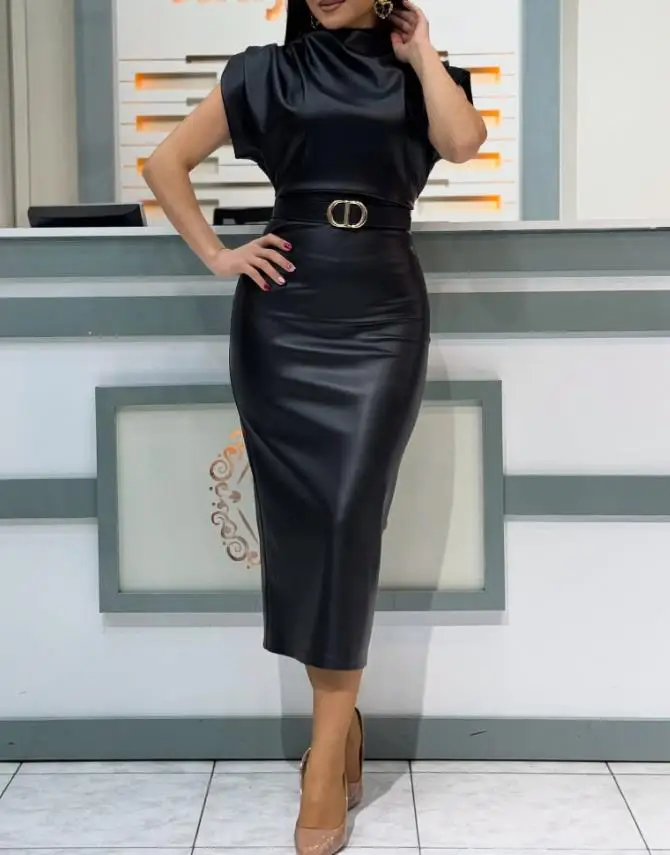 

Womens Dresses 2025 Spring Summer New Solid Color Cowl Neck Sleevless Slim Fit Sexy Ruched PU Leather Casual Long Dress