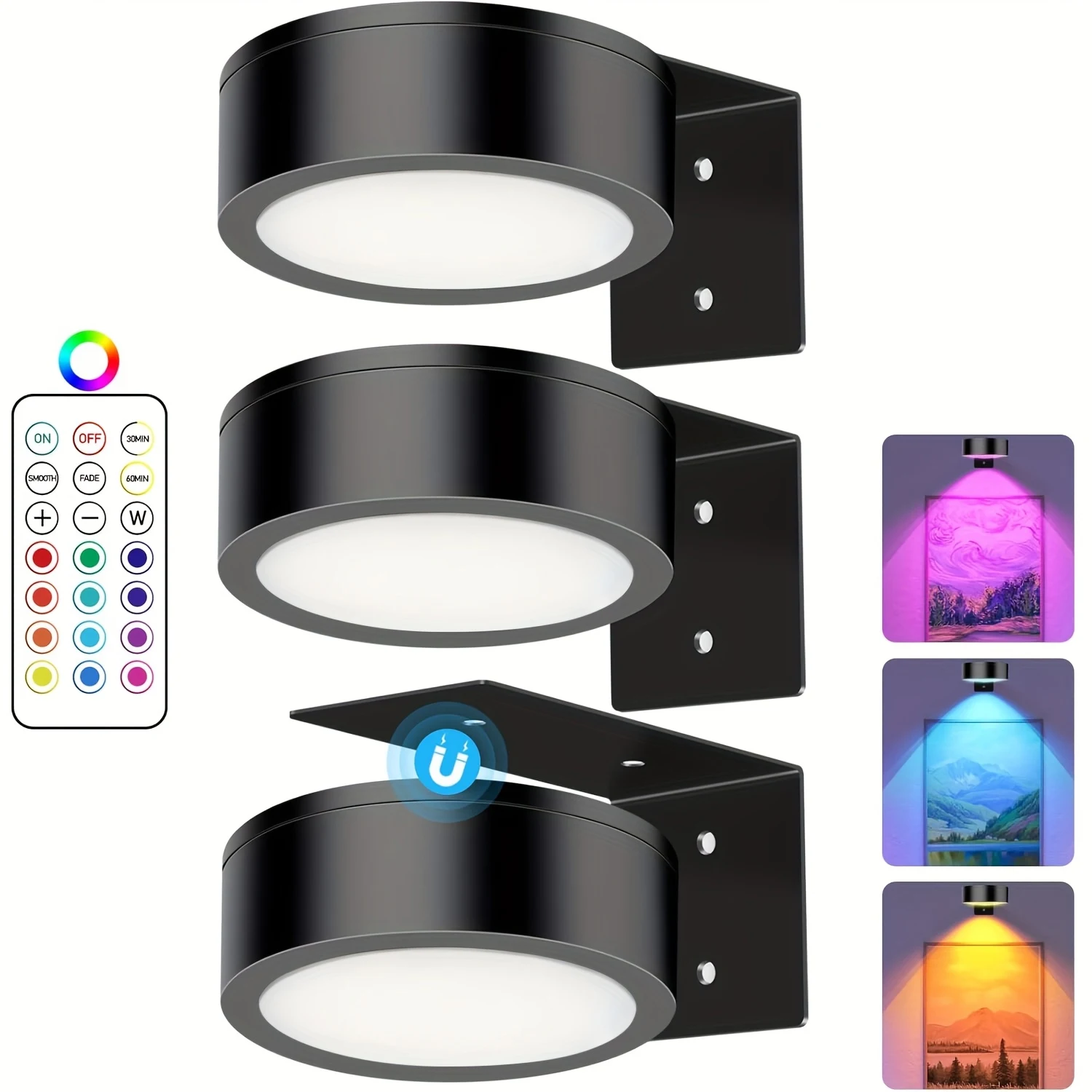 3-Pack Picture Light Wall Light Rechargeable with Remote 12 RGB Colors Dimmable Timer Magnetic Art Display Light for Hallway and Stairs Bedroom