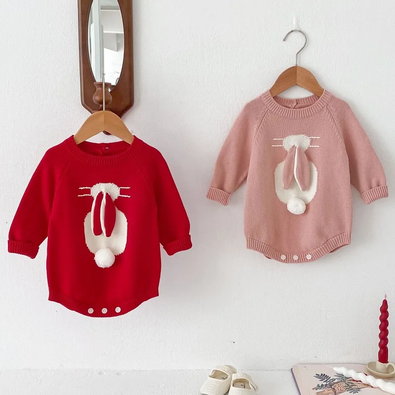 

New Baby Romper Autumn/Winter Cute Rabbit Knitted Sweater Triangle Creeper 0-3 Year Old Warm Thickened Girl Sweater