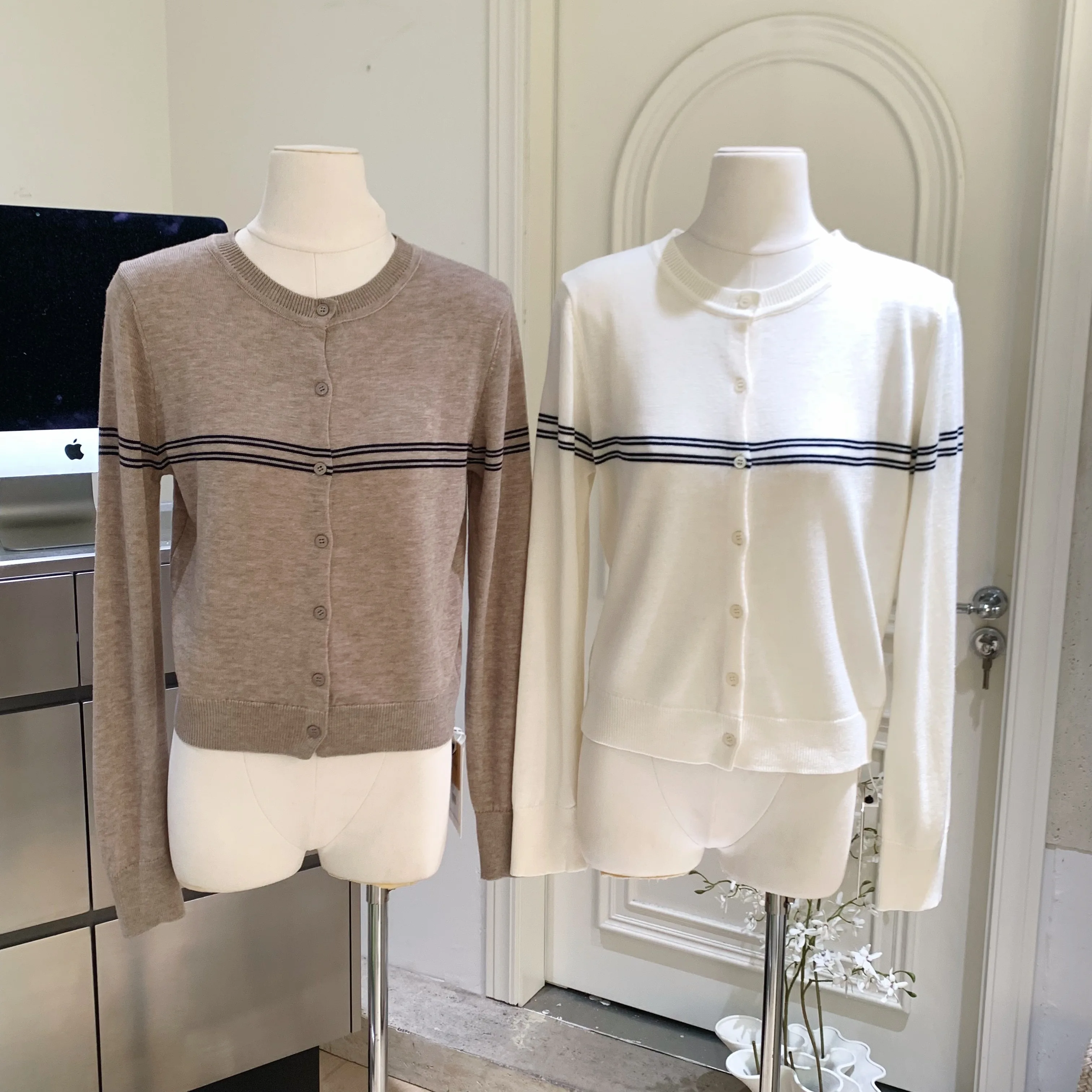 

Женский весенне-осенний элегантный однобортный кардиган с круглым вырезом и длинными рукавами, женский повседневный свободный кардиган в полоску, верхняя одежда