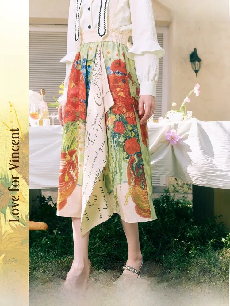 

Ele Floral Print A-Line Midi Skirt High Waist Polyester Fiber Vintage Sle Women's Premium Quali Spring New Arrival