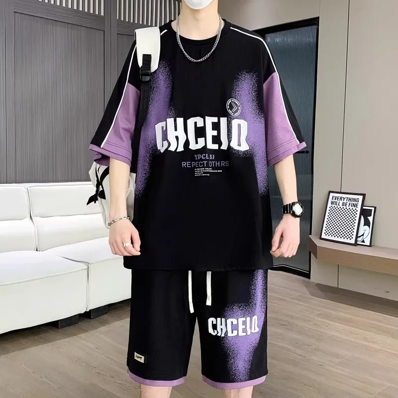 M-6XL Men's Casual Short Suit Youthful Activewear Suit Korean Harajuku High Street T-shirt and Shorts 2-piece Set New 2025