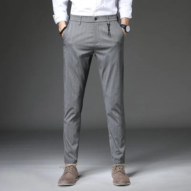 2023 Spring Summer Men Grey Pants Men Casual Business Office Stripe Pants Male Slim All-Match Fashion Pants Straight Trousers