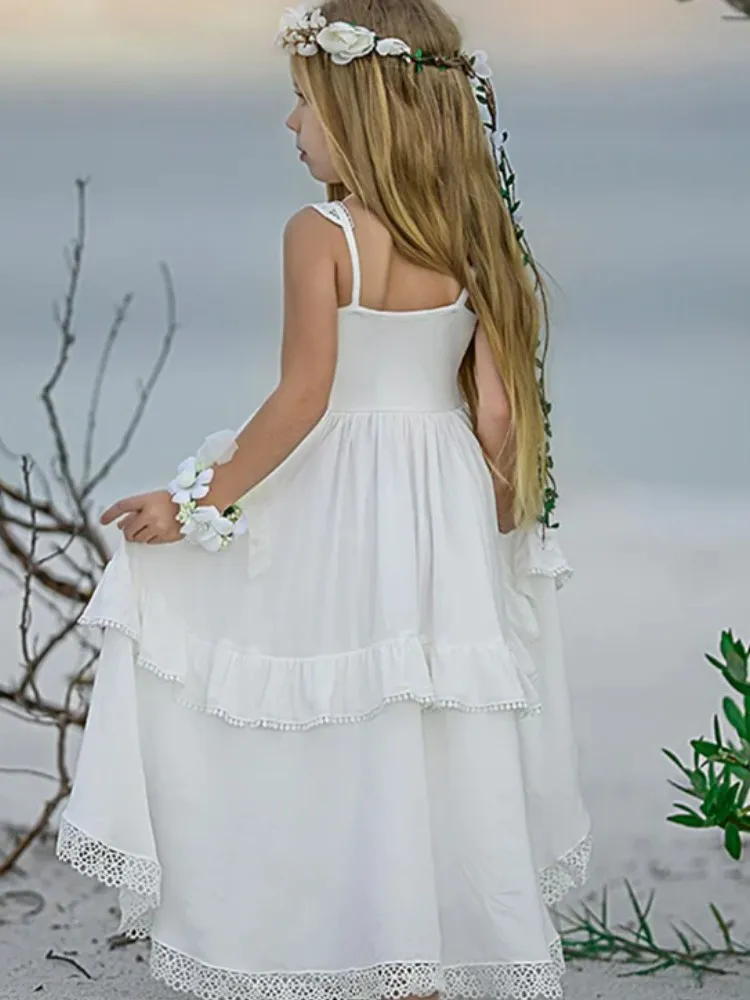 Vestido sem mangas chiffon branco com rendas para meninas, vestido de noiva, aniversário, primeira comunhão