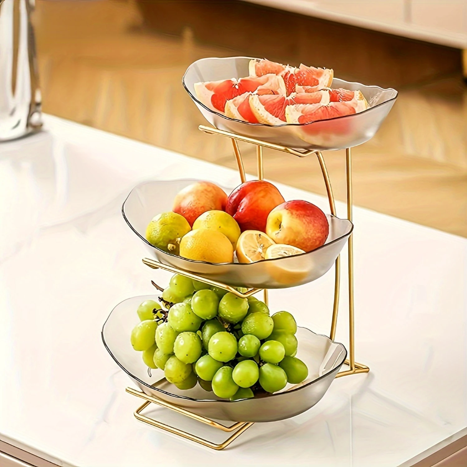 3 Layer Ceramic Fruit Bowl for Kitchen Counter with Metal Shelf, Fruit Basket with Stand, Porcelain Bowl for Fruit & Vegetable B