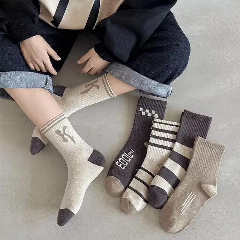 5Pair Autumn Kids Cotton Socks Fashion Stripe Letter Boys Sports Sock Soft Warm Children Middle Tube Sock Baby Footwear 2-12Year