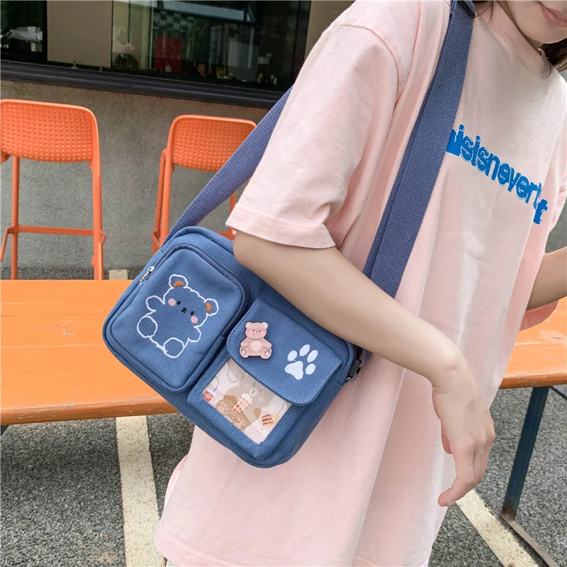 Japanese Style Girls Canvas Bag INS Women Shoulder Bag Cute Cartoon Bear Small Square Bag Student Messenger Bag