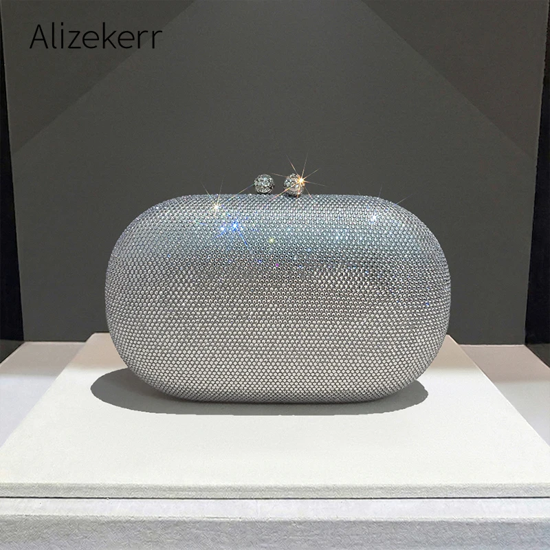 Alizekerr Oval Diamond Clutch Bag Ladies Boutique Luxury Glam Shiny Rhinestone Hard Box Evening Handbag Wedding Party Banquet