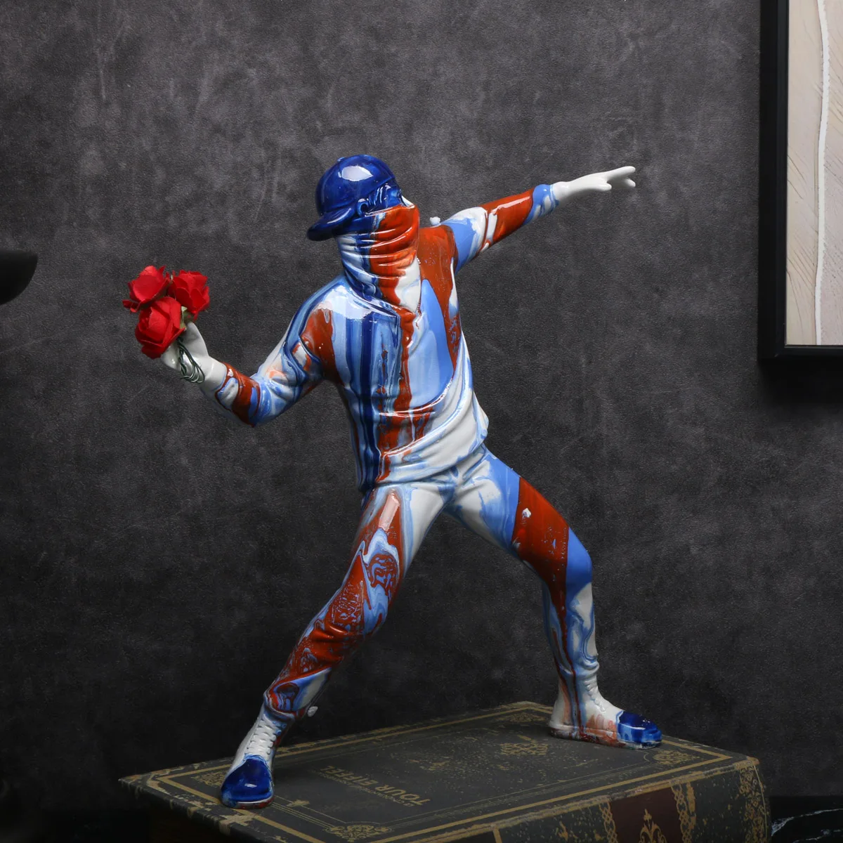 1pc Colorful Balloon Man Throwing  Flowers Sculpture, Modern Resin Decor Peace Statue with Love Pattern