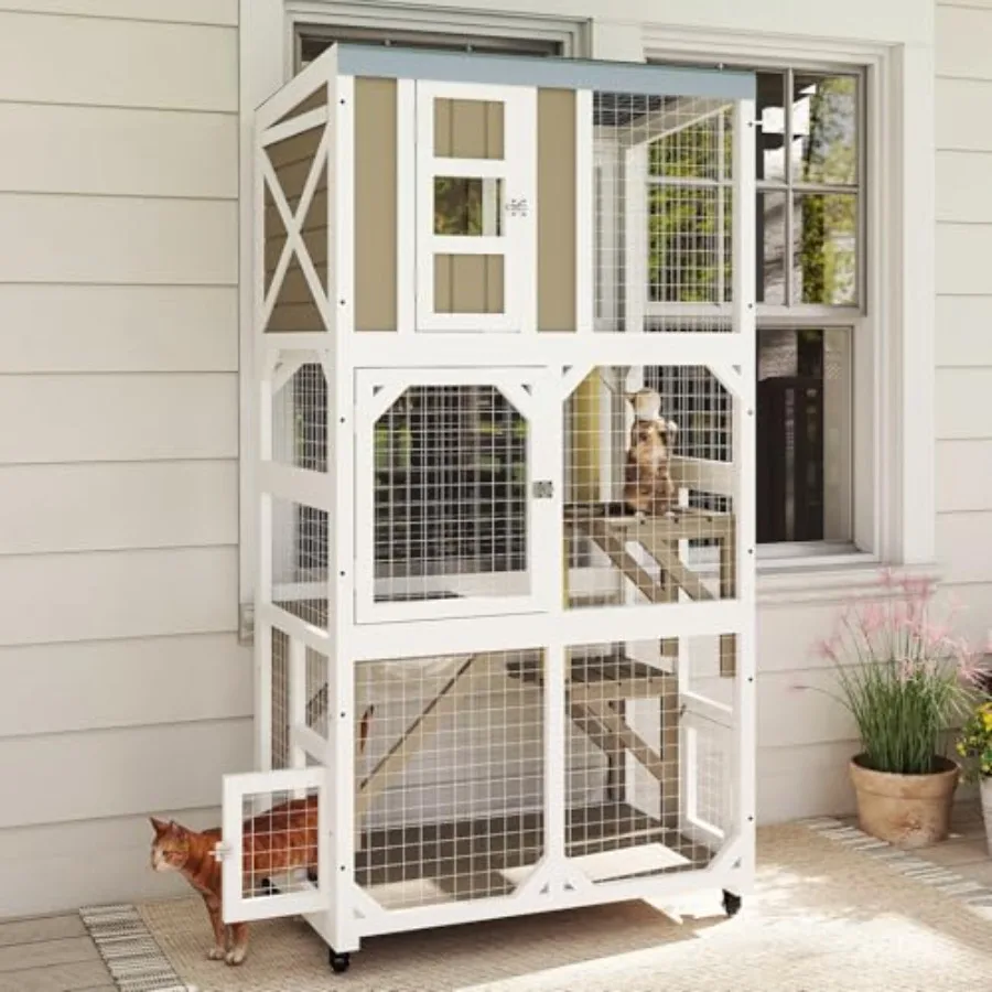 64 Large Wooden Catio Outdoor Cat Enclosure with Wheels and 3 Platforms Weatherproof Roof Design for Multiple Cats Durable and