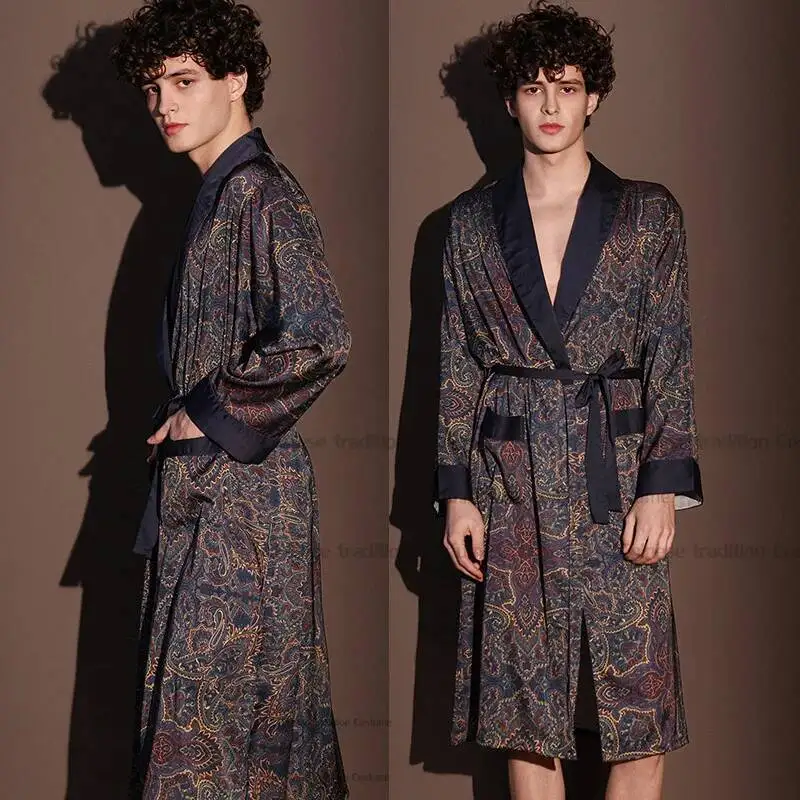

Атласный халат, мужская одежда для сна, домашняя одежда с принтом, свободное кимоно, ночная рубашка из ледяного шелка, халат с лацканами, карман, летняя весенняя новая одежда для дома