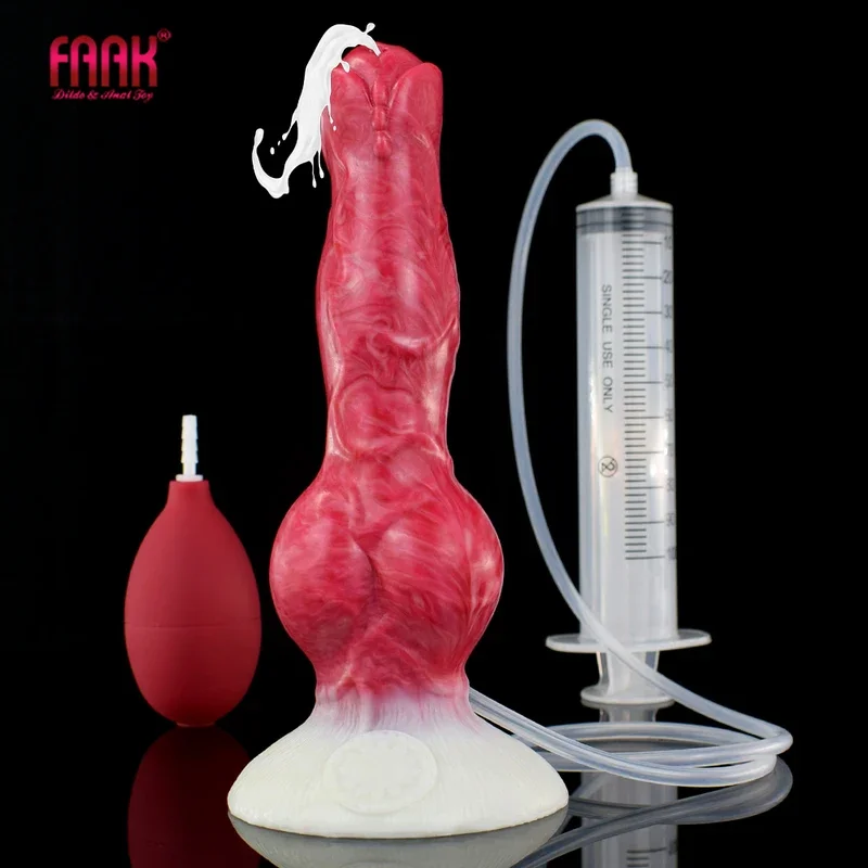 FAAK Large Dog Knot Ejacultion Dildo With Sucker Spray Liquid Function Red Silicone Squirting Penis Sex Toys For Women Men