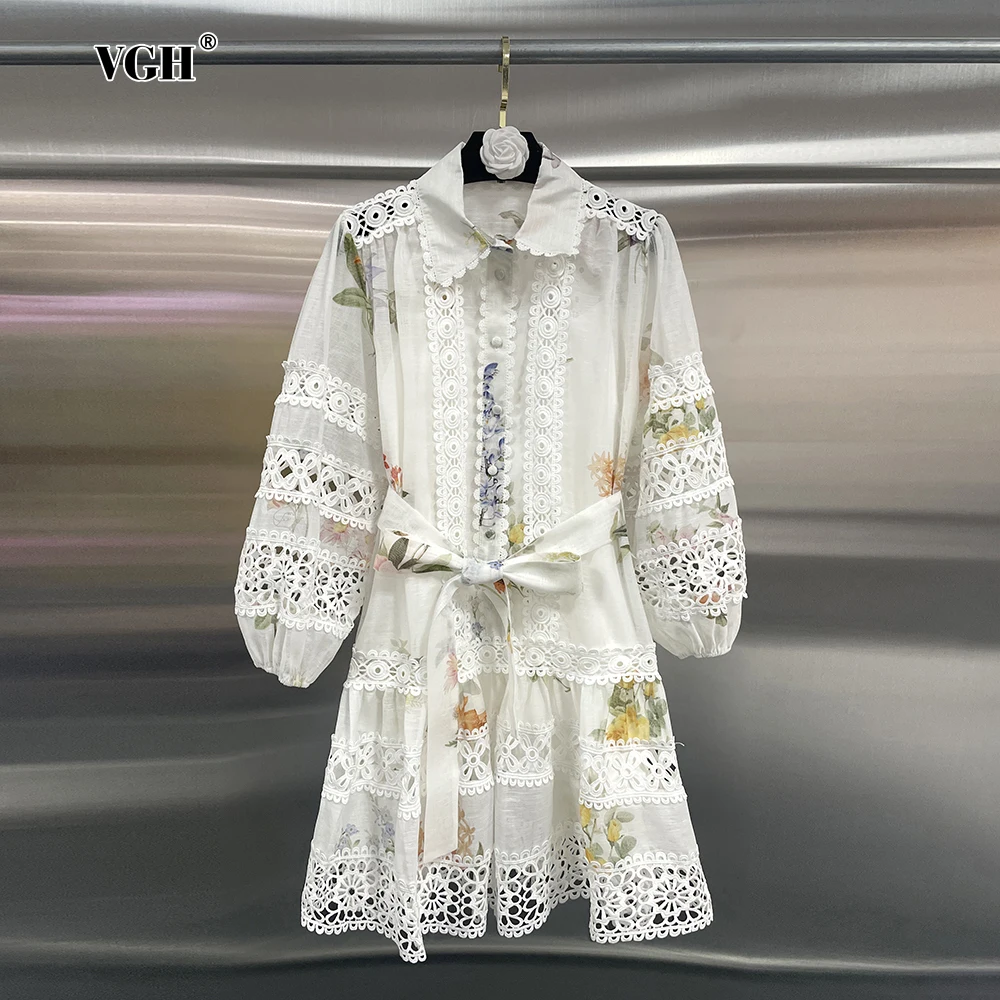 VGH Elegant Vintage Hollw Out Print Women Dresses Lapel Long Sleeve High Waist Patchwork Lace Up Mini Dress Female Fashion Style