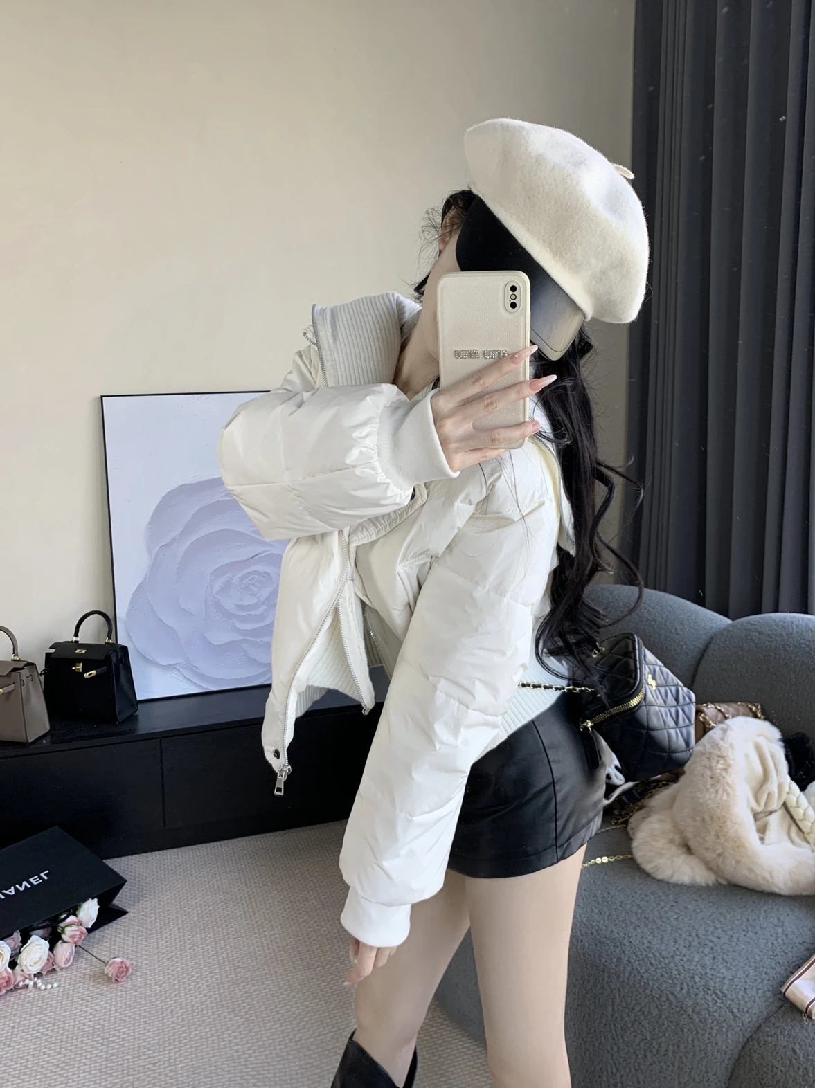 Beloved Short Puffer Jacket Knitted Splicing Design Large Collar Bread Style Warm White Duck down Coat for Women Commute Style